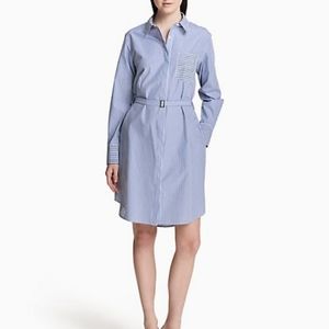 NWT Calvin Klein Blue/White Striped Cotton Belted Shirt Dress